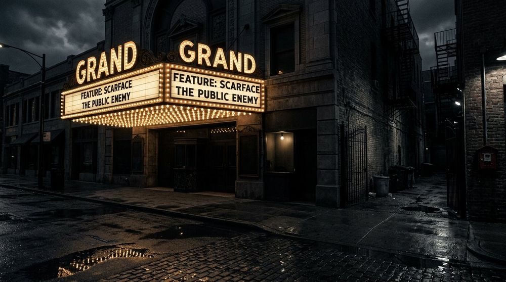 A 1930s movie-house marquee at night, the kind of street where Dillinger fell