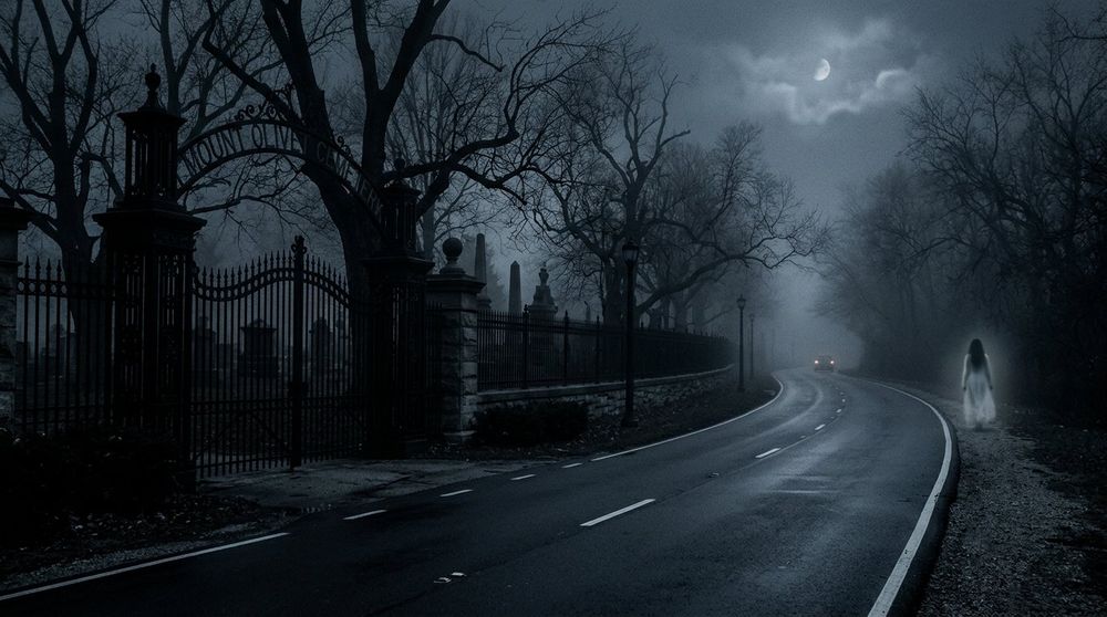 Archer Avenue at night, where Resurrection Mary is said to vanish at the gates